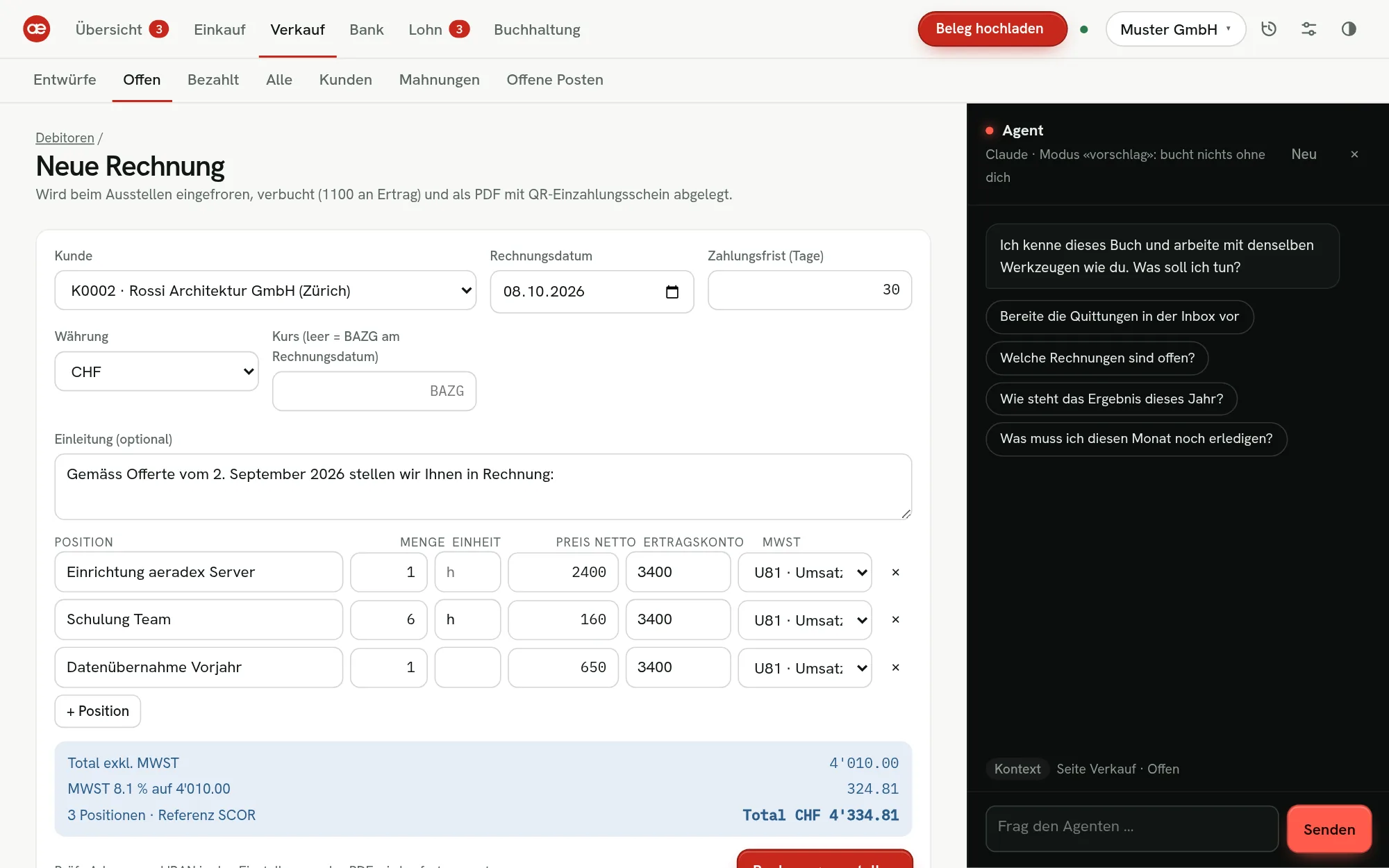 aeradex Verkauf › Neue Rechnung: drei Positionen, MWST 8.1 % und Total live berechnet